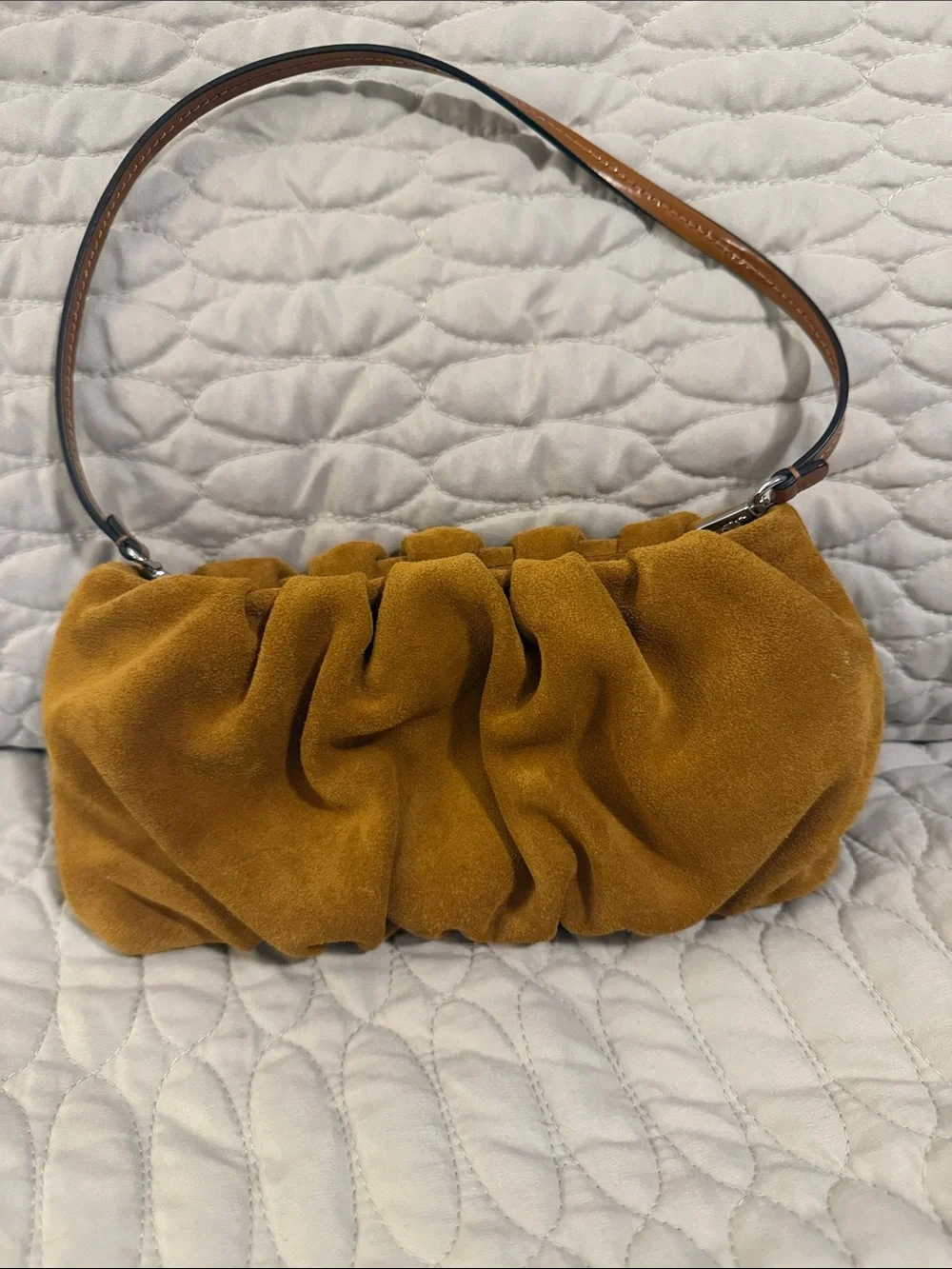 Staud Ruched Suede Bag in Caramel. A shoulder bag, handbag or a clutch.